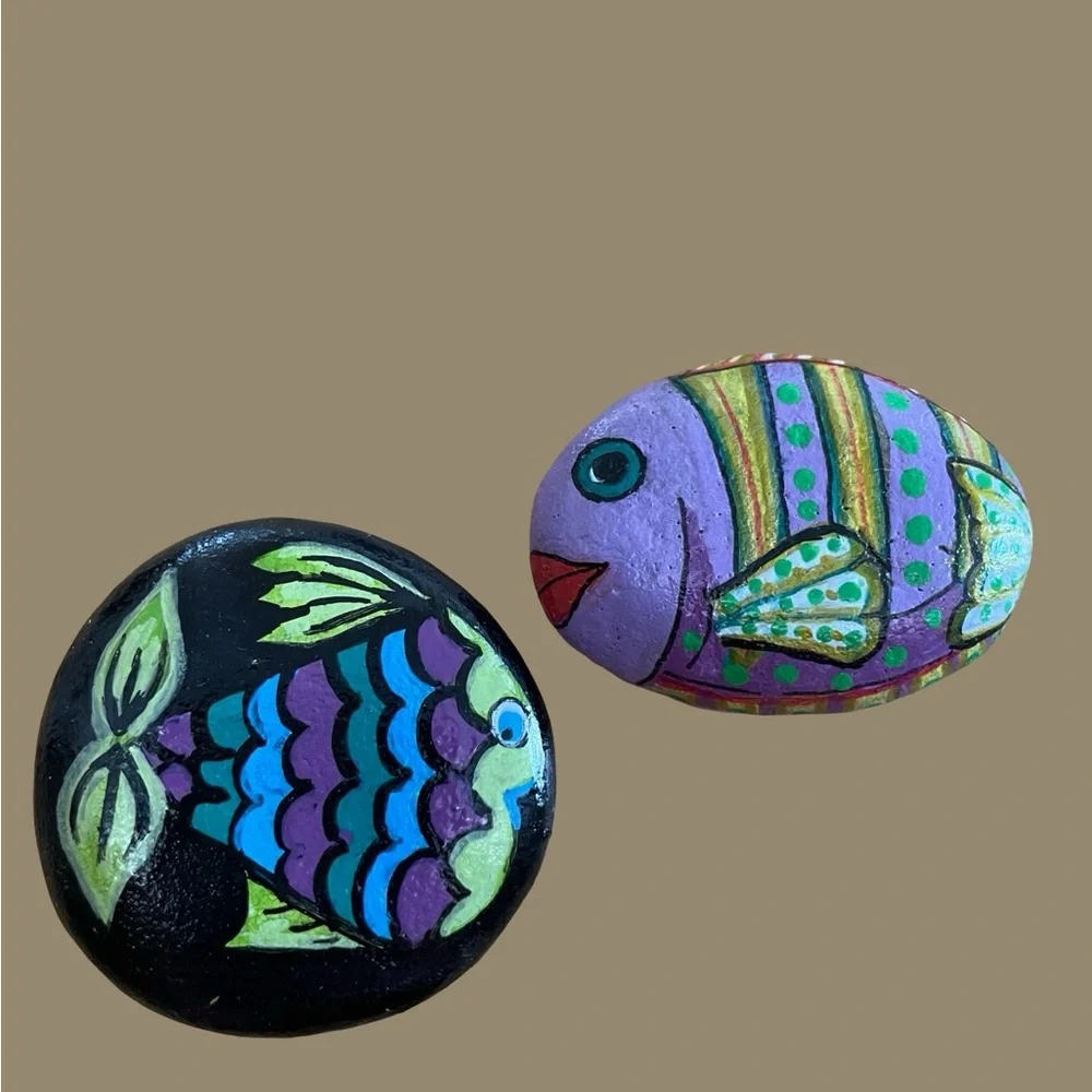 Hand crafted painted fish rocks set of 2 blue purple black yellow dots 2x2 inch